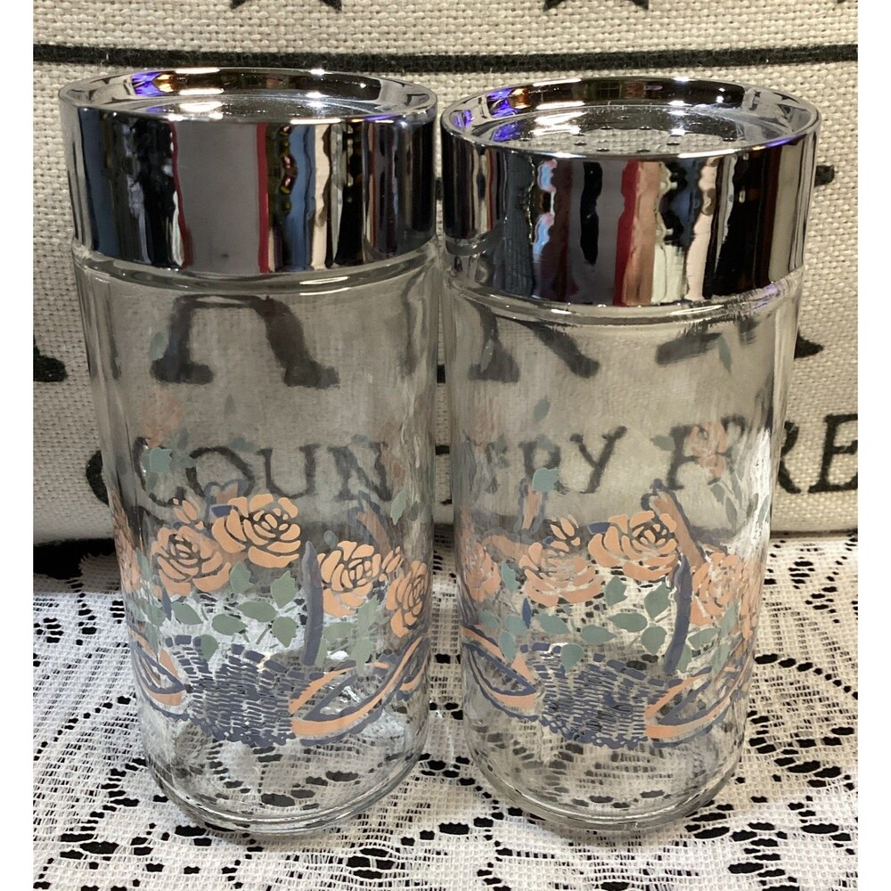 Anchor Hocking Corp (AHC) Basket Ribbon & Roses 1989 Glass Salt & Pepper Set 5"